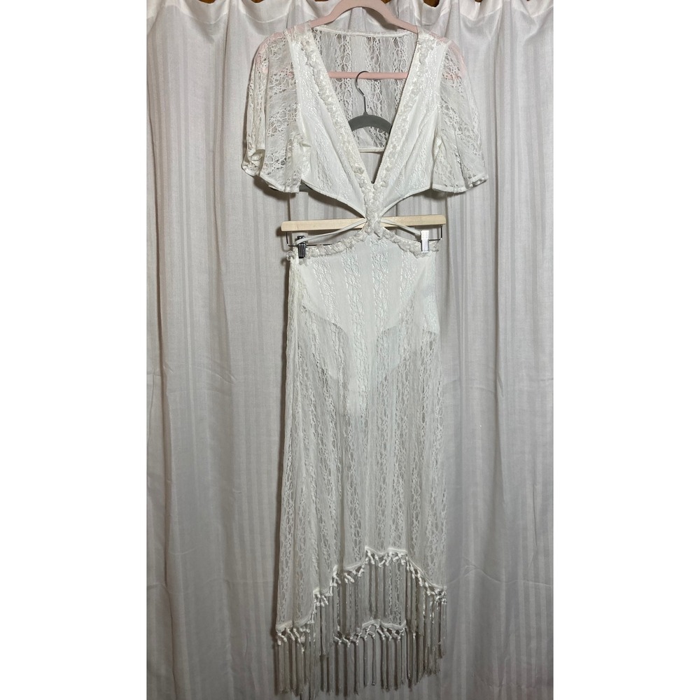 Ethereal Boho Fringe White Lace Cutout Maxi Dress Swim‎ Cover Up Small SHEIN